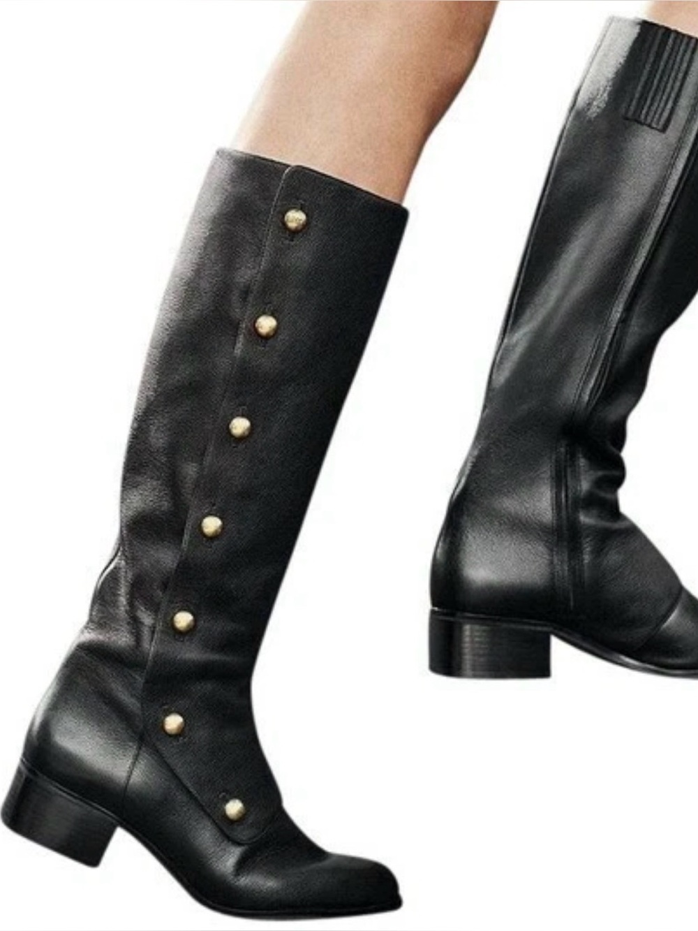 Michael Kors Maisie Black Leather Knee High Boots with Gold Buttons Sz 6.5 NWOB